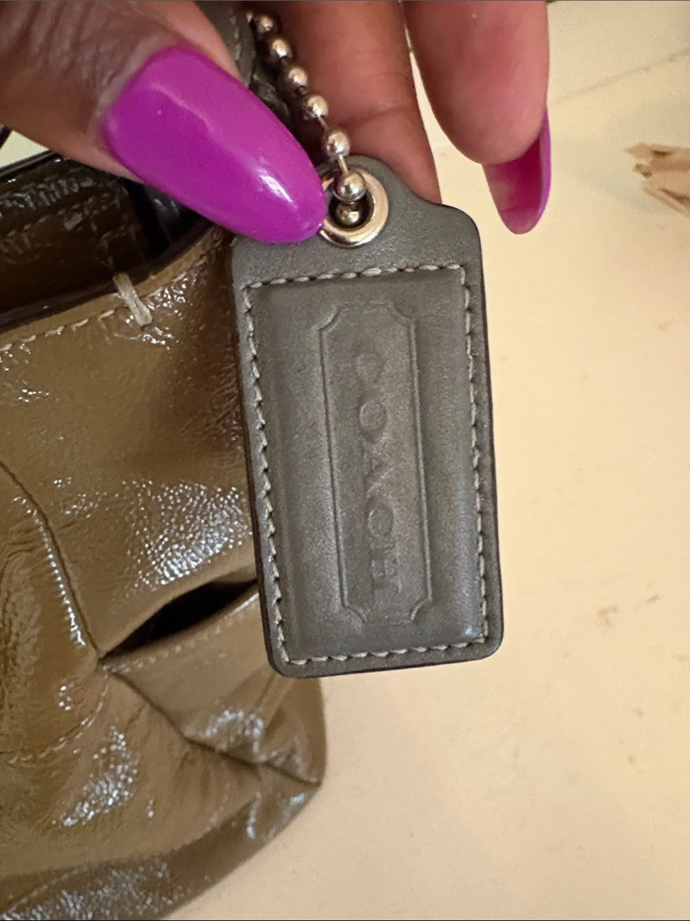 Coach Olive Brown Pebbled Leather Shoulder Bag with Chain Strap